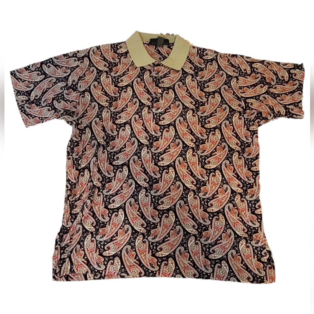 Mens Lyle & Scott Paisley Polo Dress Shirt Black Tan Red Size Large